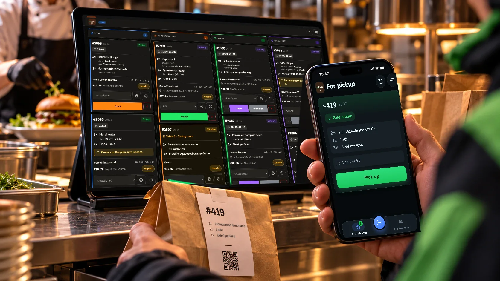 A courier picking up a bag with an order label, with the same order ready for pickup in the courier app