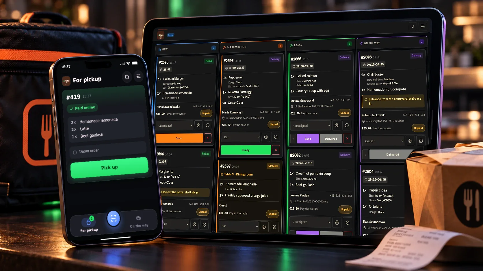 The WP InPlate kitchen display on a tablet with columns of orders, and the courier panel on a phone