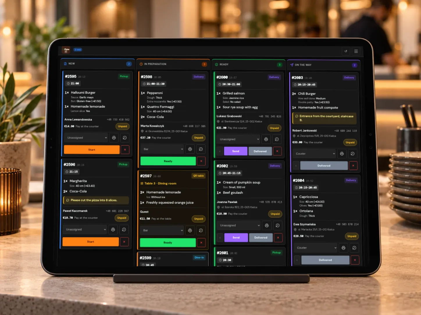 Tablet with the WP InPlate kitchen display and orders in columns