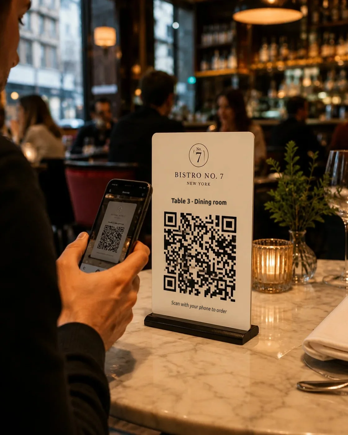 A guest scanning the QR code on a table with a phone