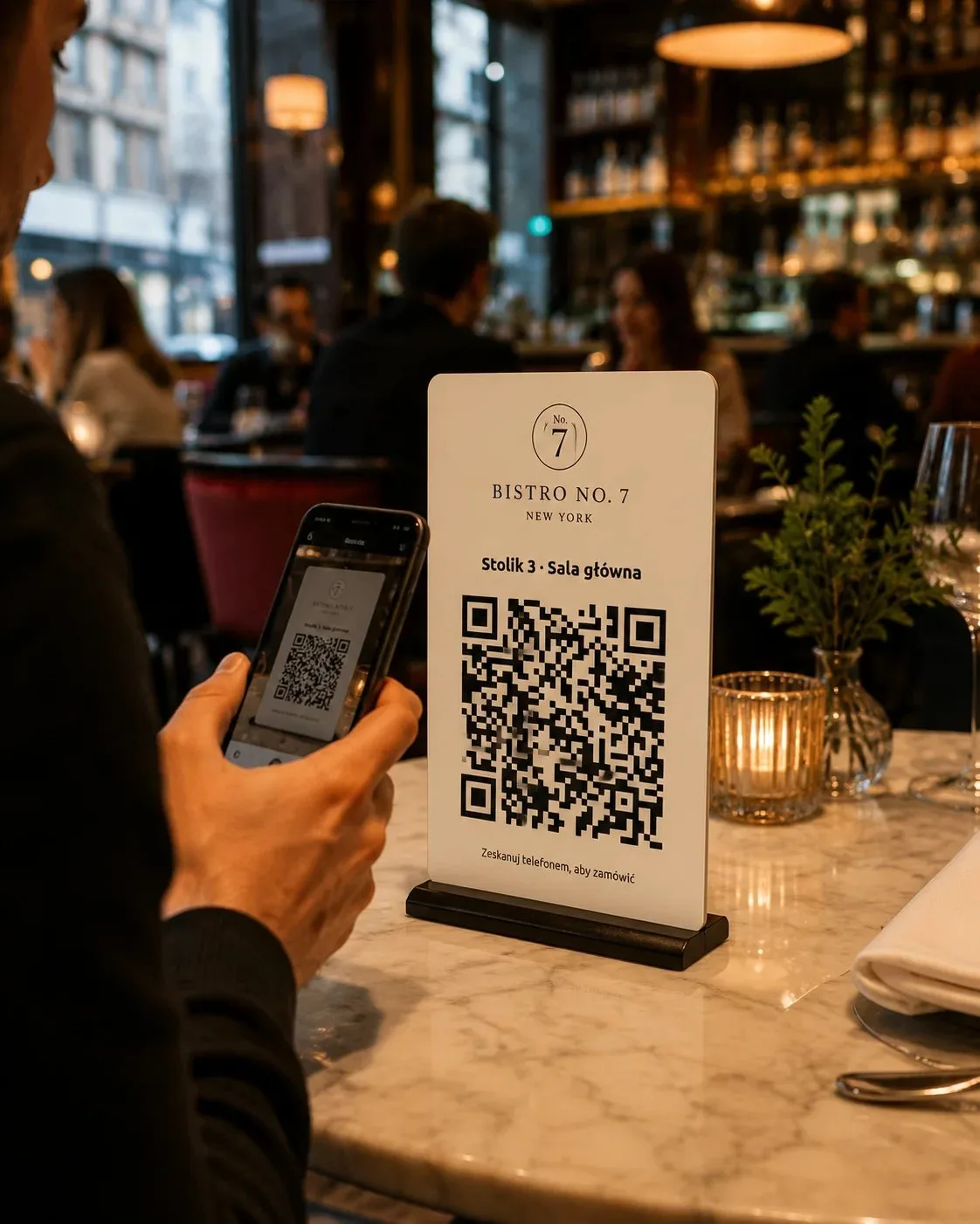 Gość skanuje telefonem kod QR na stoliku